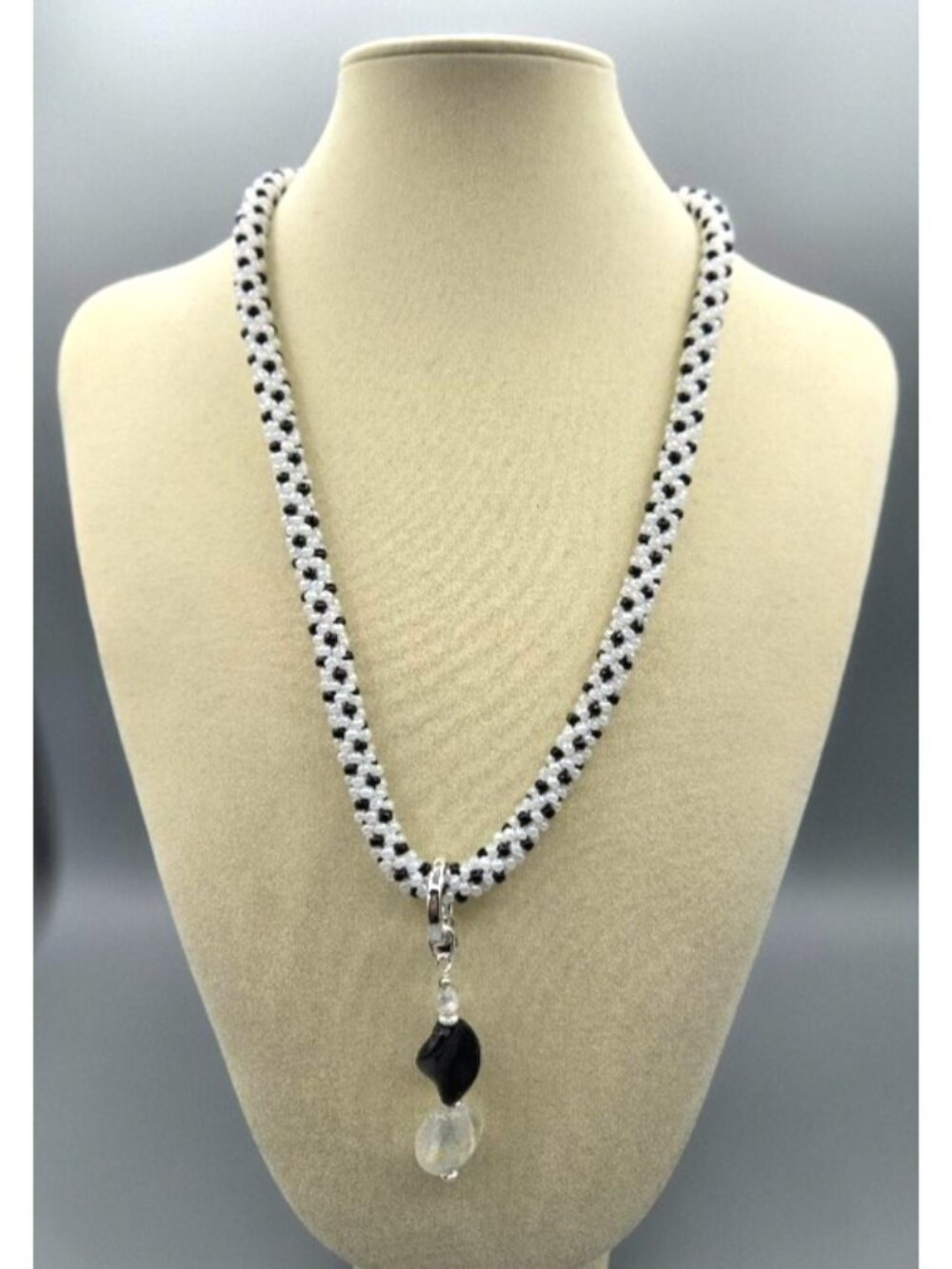 21"Black & White Necklace Medium Seed Bead Kumihimo (Japanese Brading) w/Pendant